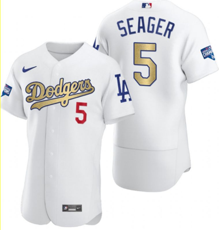 Men Los Angeles Dodgers 5 Seager White 2020 World Series Champions Authentic Player MLB Jersey